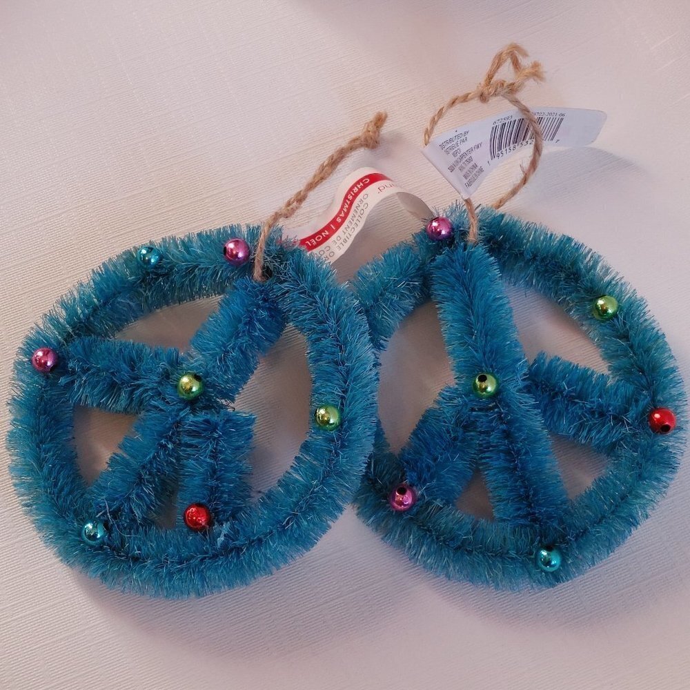 FUN Hippie Peace Sign Ornaments Teal with coloured bulbs BNWT